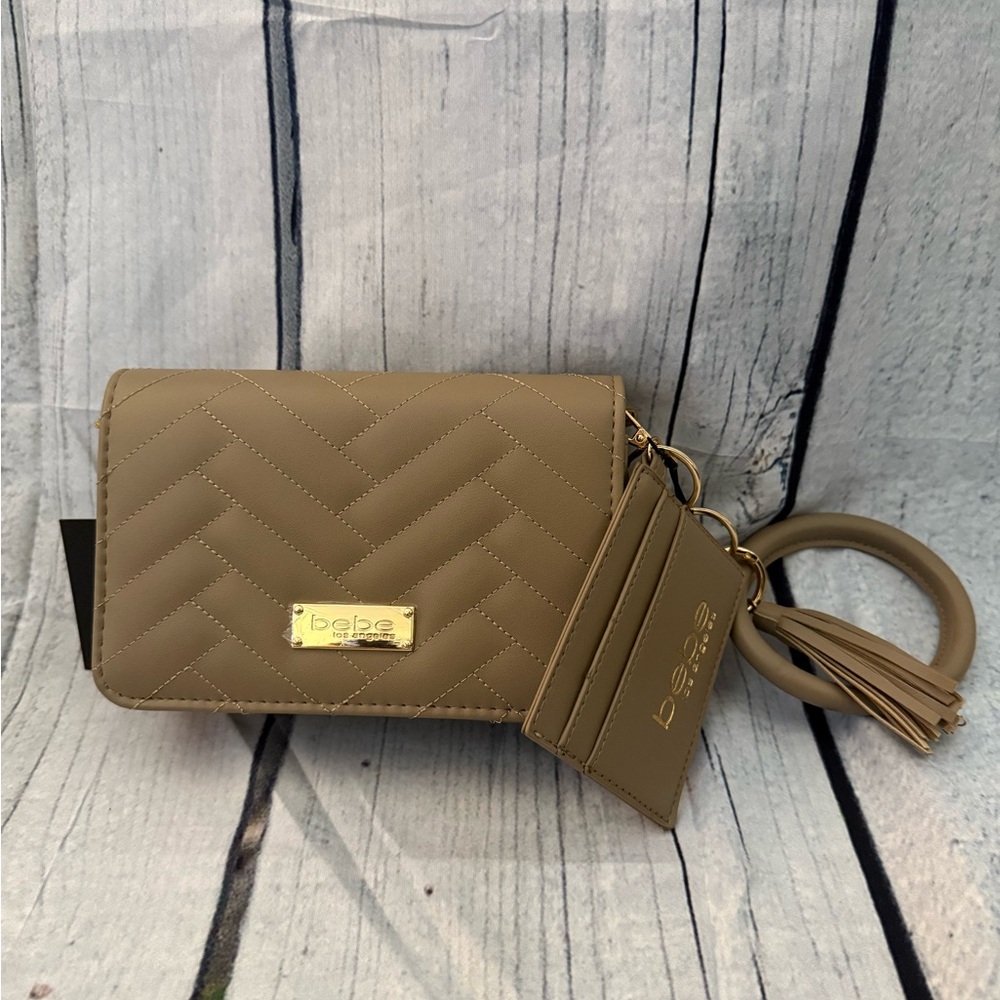 Bebe Chevron Quilted Beige Wallet with Keychain